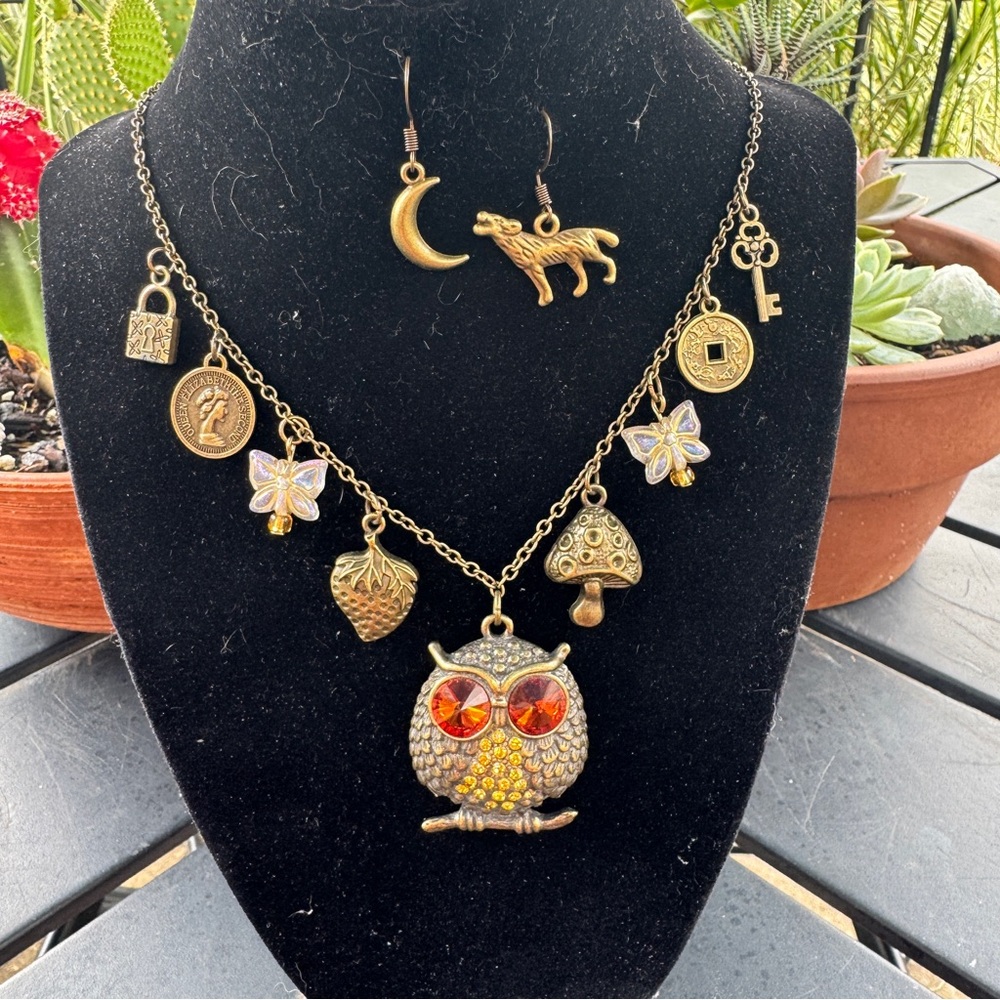 Handmade Woodland Fairy Trinket Necklace with Wolf Howling at The Moon Earrings